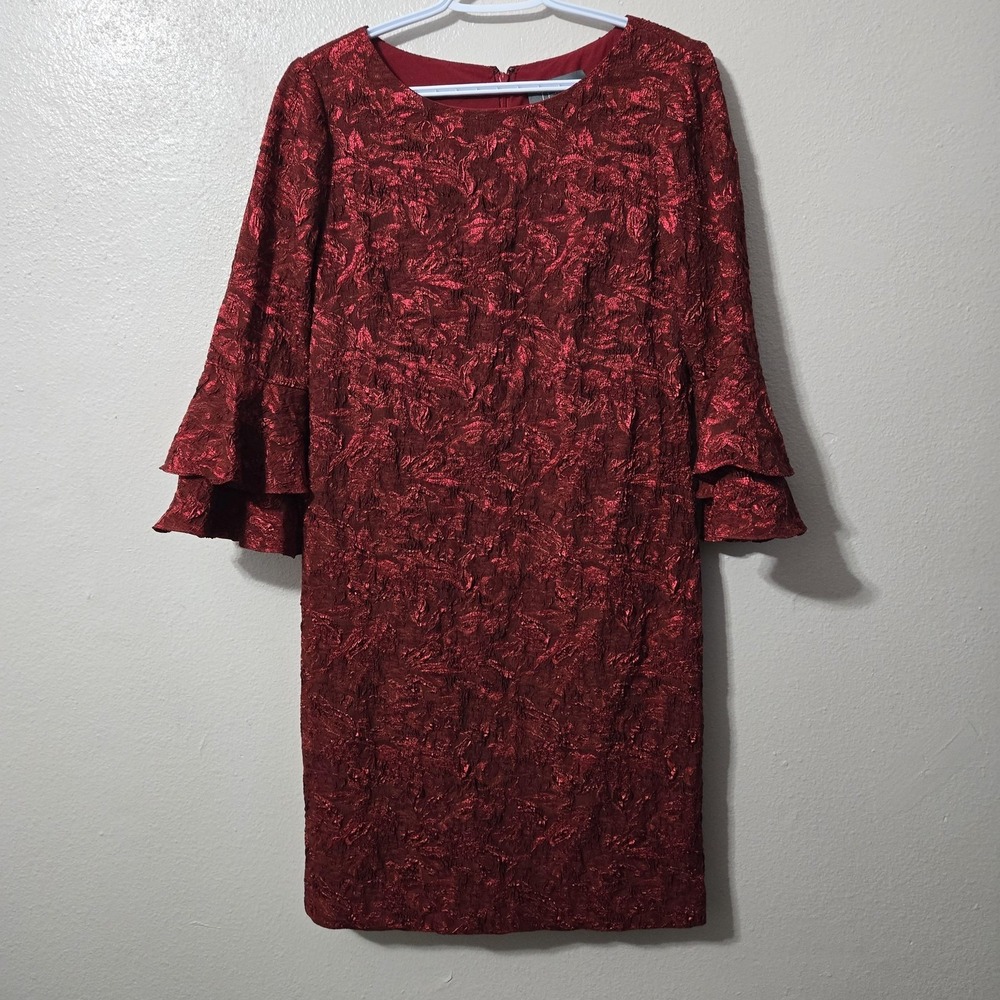 Theia Size 10 Red Metallic Jacquard Sheath Dress Tiered Bell Sleeve Cocktail
